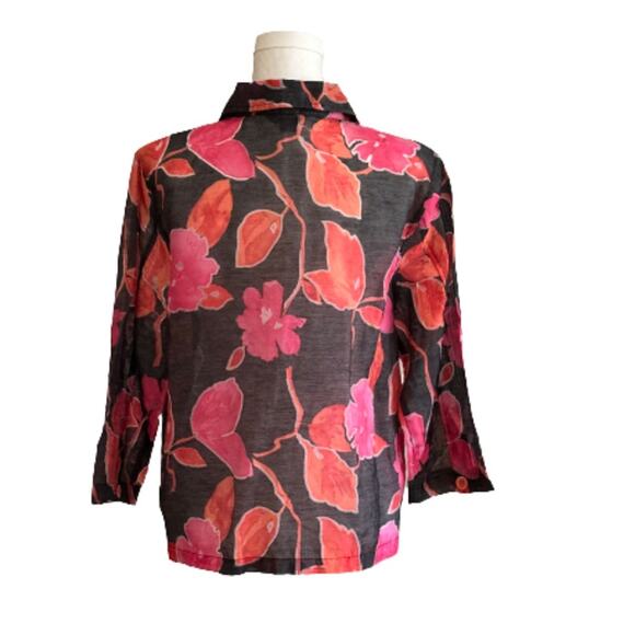 Toni Morgan Blouse Top Black Pink Orange Floral 3/4 Sleeve Button Front Large - Picture 5 of 11